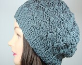 Slanted Shells Slouch Beanie in Slate Gray with Ribbed Edge, Cotton Blend