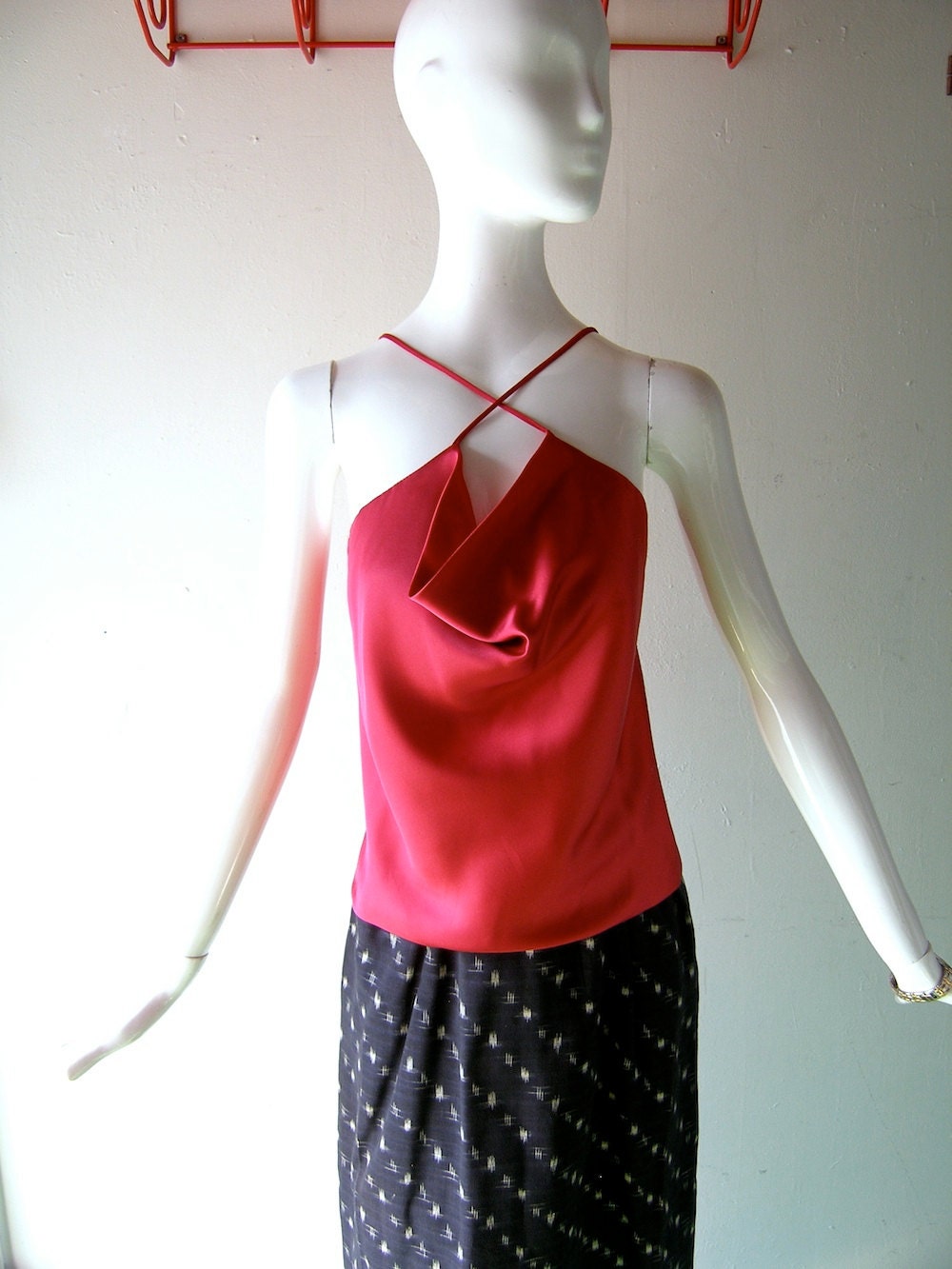 70s peonie pink silk top by Howard Wolf Dallas - Halston style silk charmeuse evening tank - designer cocktail couture