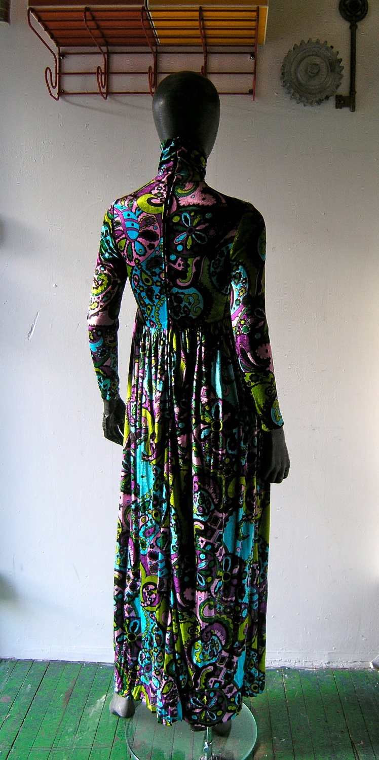Reserved for marianna - 60s Pucci style velvet print empire style maxi dress - teal turquoise pink - 1960s 1970s fashion