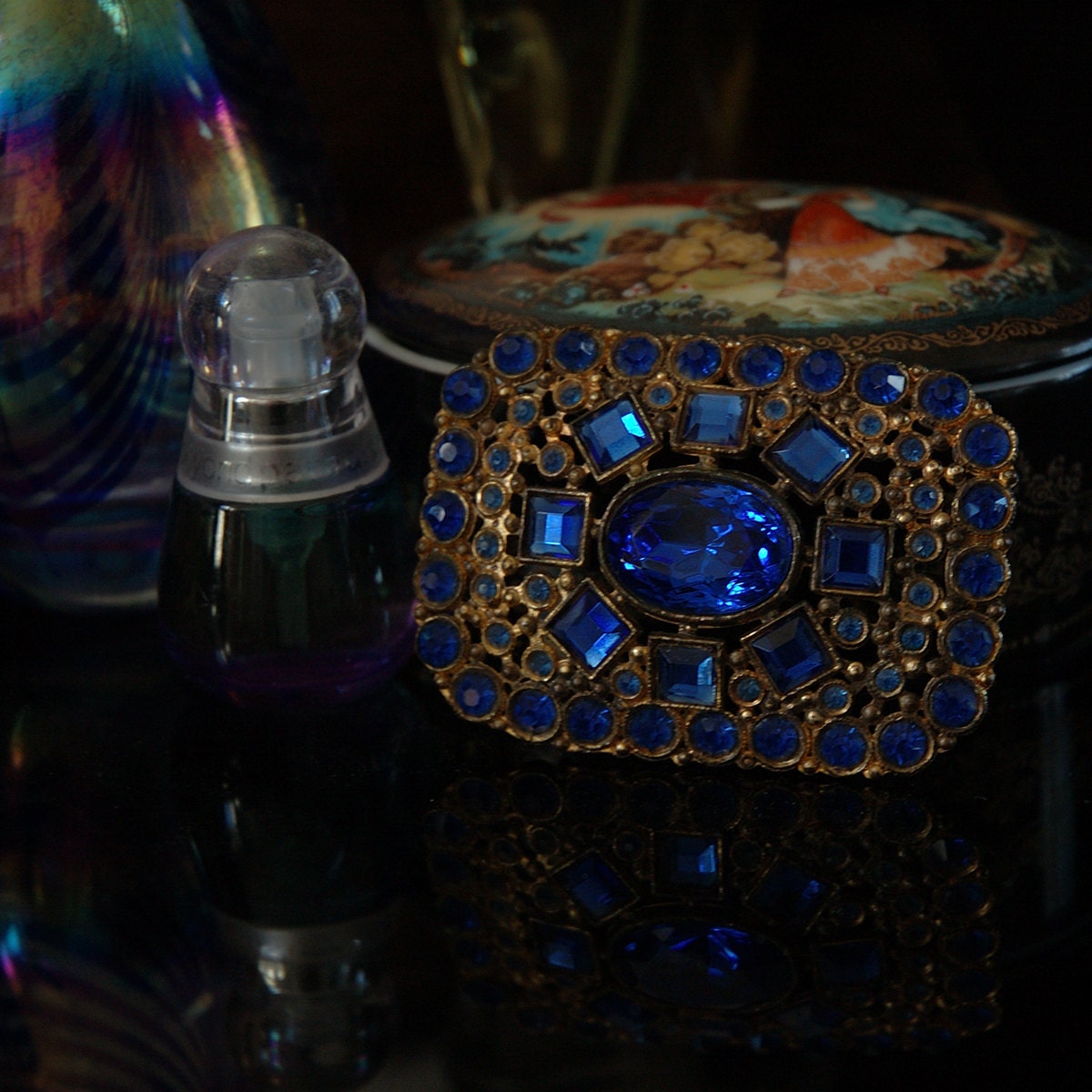 Large Art Deco Brooch, Brilliant Cobalt Blue Rhinestones, Shabby Chic Gilt Metal, Bohemian Styling, Very Old