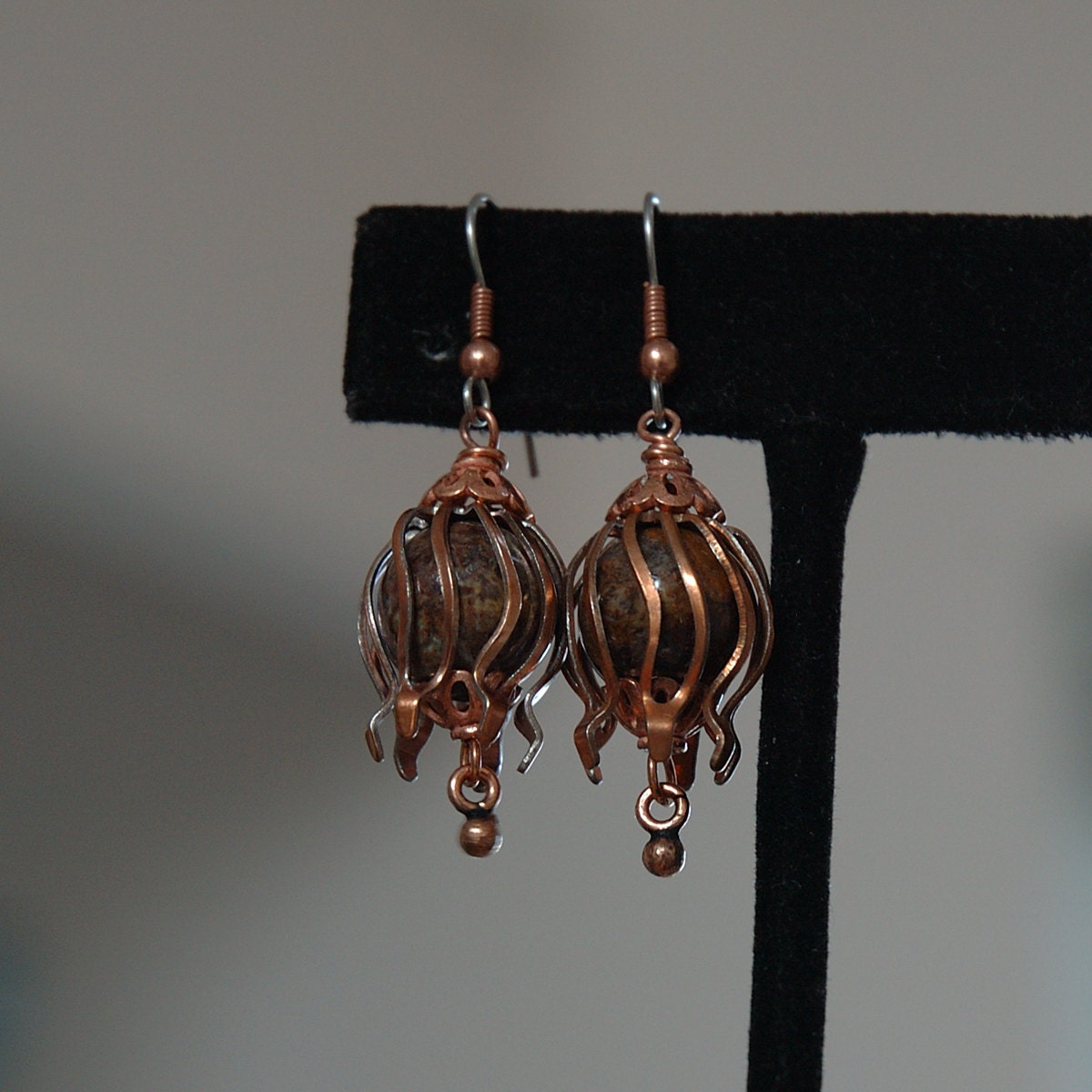 Copper Tulip Caged Earrings, Rainbow Agate, Bead Caps, Surgical Steel Hooks, Discontinued Vintage Stock