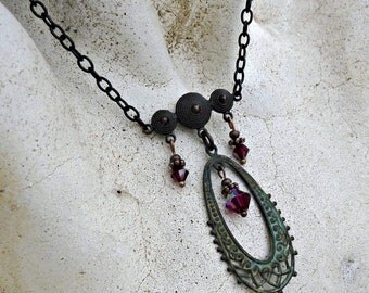 May Sale 10% off - Antiqued Brass, Verdigris Patina, Ruby Fruschia Crystal Bohemian Choker Necklace