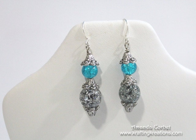 Turquoise/Smoke Gray Cracked Glass Dangle Earrings
