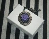 The Purple Rose purple and black on antique silver setting pendant cameo necklace