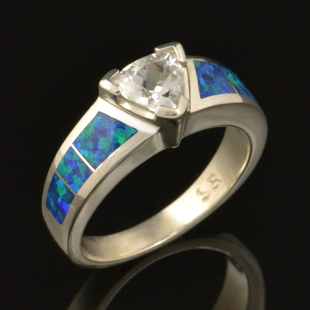 Lab Created Opal Wedding Ring with Trillion White Sapphire