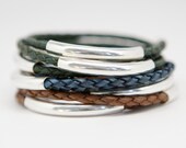 Triple Wrap Braided Leather and Sterling Silver Bracelet - Earth Tones