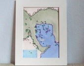 Abstract Figurative Face Blue Green with Block Print 5 x 7 Art Print Mixed Media
