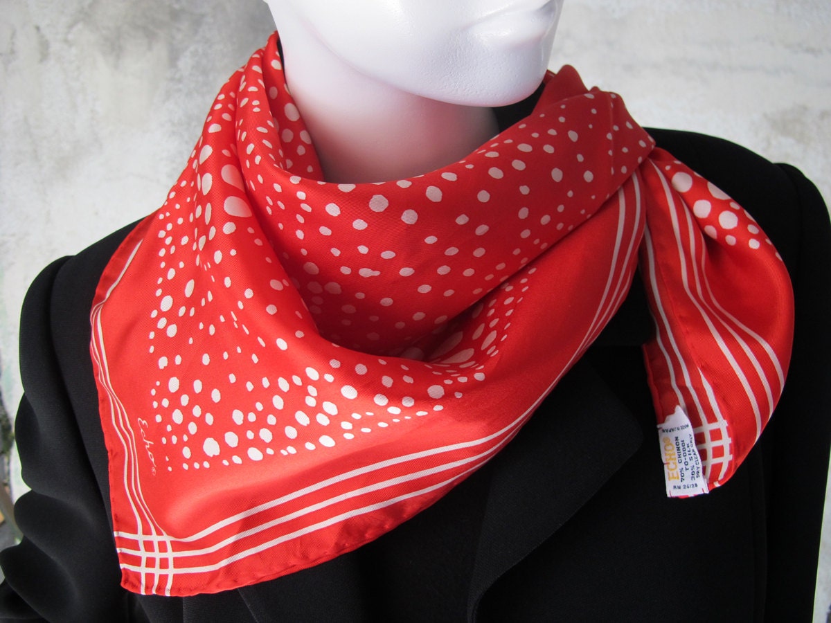 Vintage Red Echo Scarf , Polka Dots, Designer Scarf, Mid Century Fashion, Rockabilly Head Band