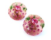 Pink Rhinestone Earrings with Embroidered Rose Flowers Lucite Clip On Earrings Unique 1950s, Free US Shipping