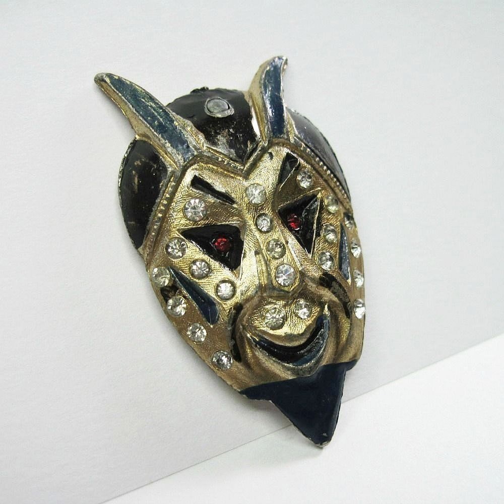 Vintage Art Deco Devil Brooch - Pin - Blue - Black - Enamel - Rhinestones - Gold Tone - 1920s to 1930s