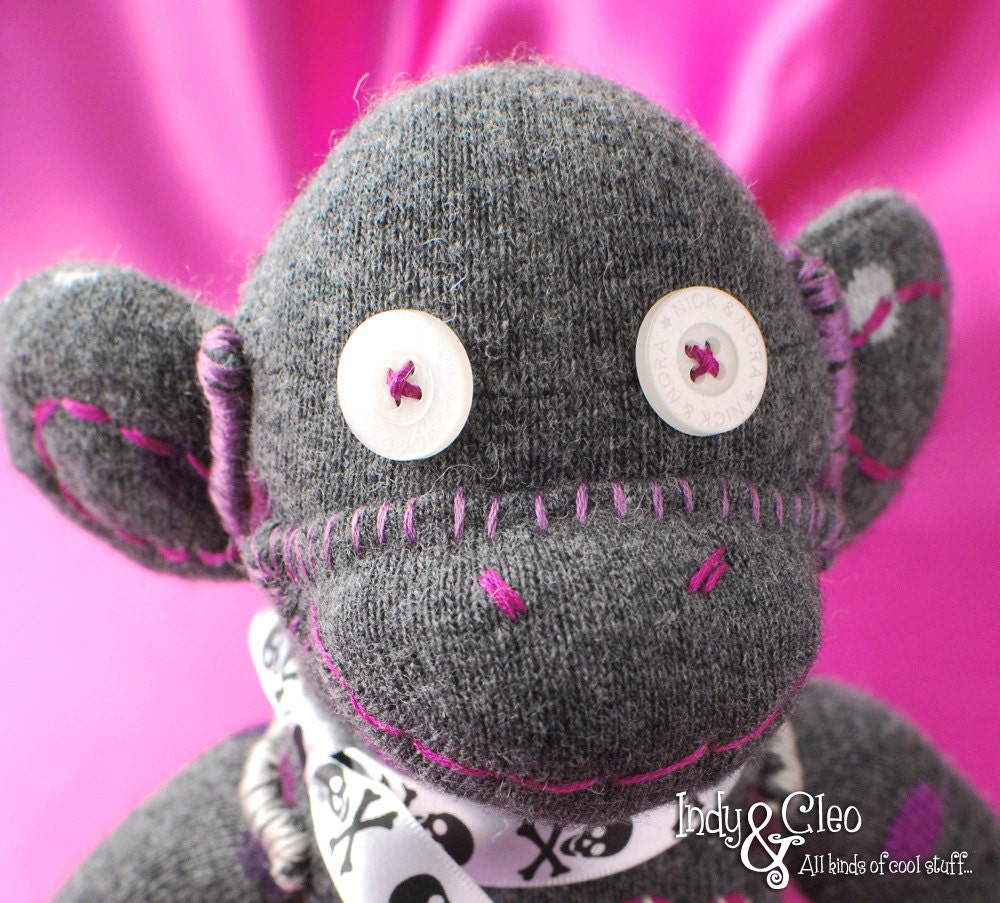 Handmade Sock Monkey Doll Stuffed Animal Toy Gray Magenta Purple Plum Polka Dot Angora SHADOW