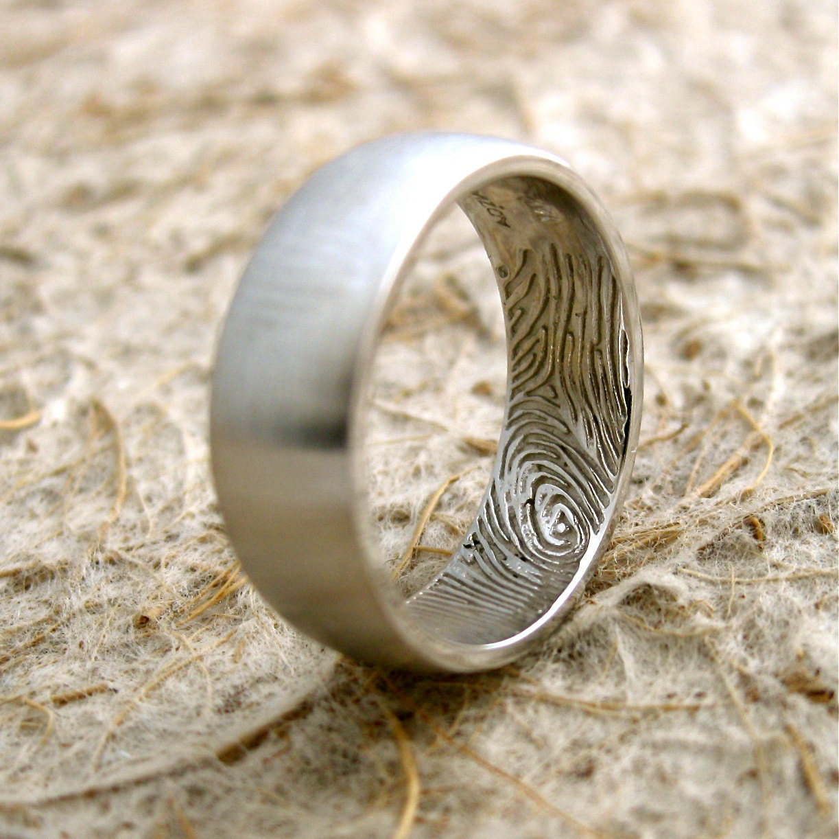 Custom Made Fingerprint Engraved Wedding Ring in 14K White Gold with Convex Profile and Satin Finish Size 6/5mm