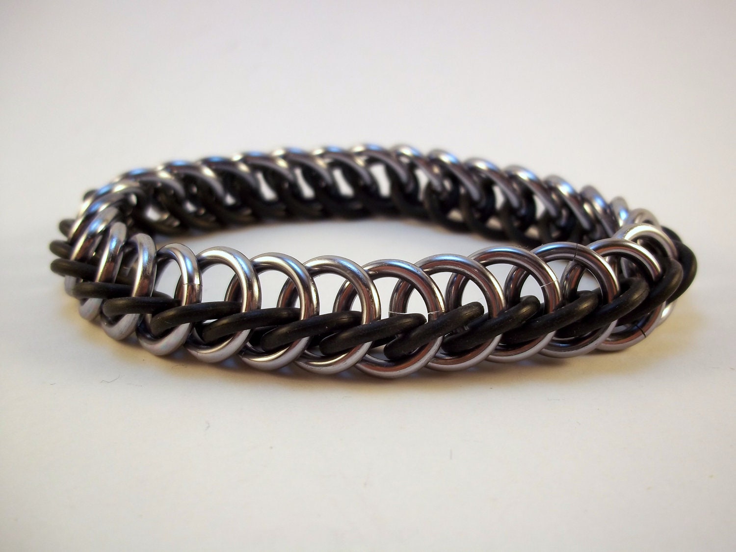 Men's Stretchy Bracelet Gunmetal Silver and Black Chunky Chainmail