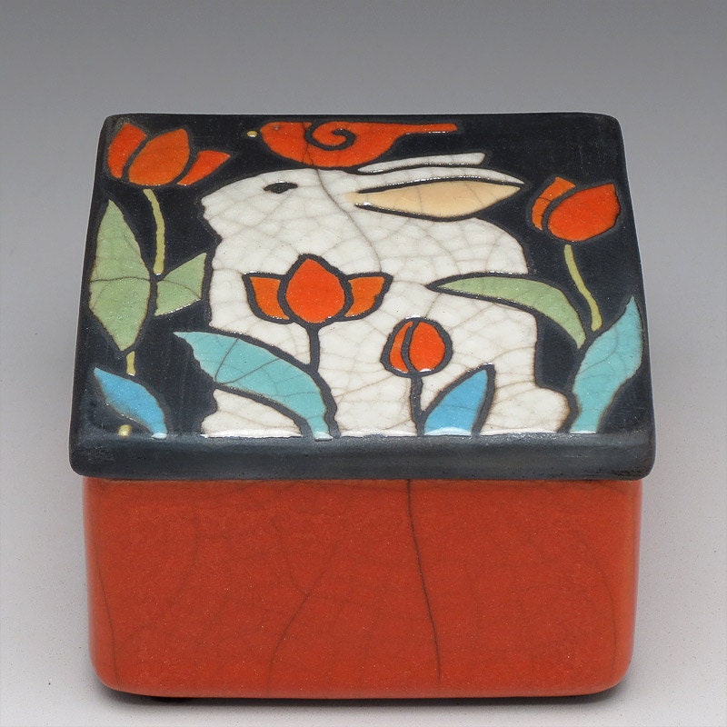 Box,rabbit,bunny,ceramic,pottery, red, handmade, raku,trinket box,home decor