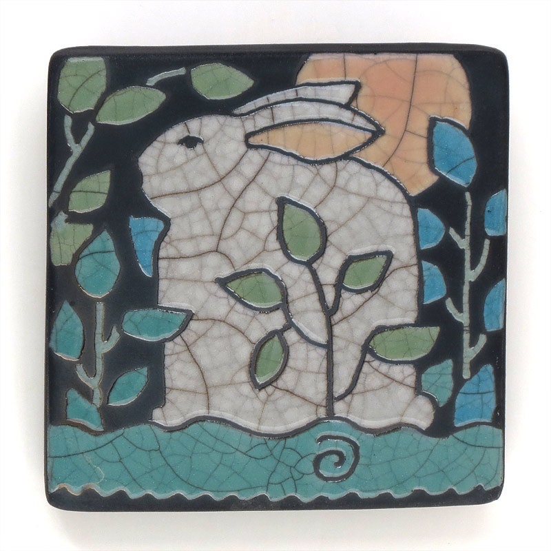 Rabbit,bunny,ceramic Tile, moon, wall art,4x4 raku fired art tile,home decor