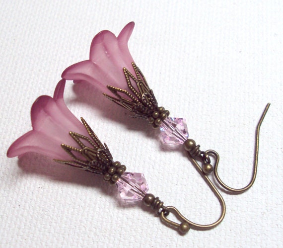 Jewelry, Earrings, Rose Pink, Hand Dyed, Antique Brass, Lucite Garden Lily, Swarovski Austrian Roseline Crystal