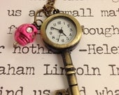 Vintage Style Skeleton Key Clock Watch Pendant Necklace with Howlite Skull and Swarovski Crystals Bronze and Pink