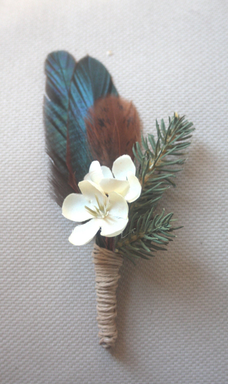 Evergreen and Feather Boutonniere