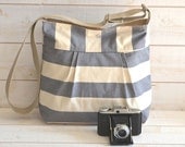 Water Proof -Cross body bag / Diaper bag STOCKHOLM Gray  and Ecru Stripes Pleated French Messenger bag - 10 Pockets