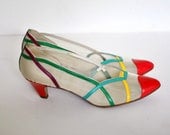 1970s Rainbow Leather and Mesh Kitten Heels/ Pointy Toe Italian Pumps/ Size 6.5