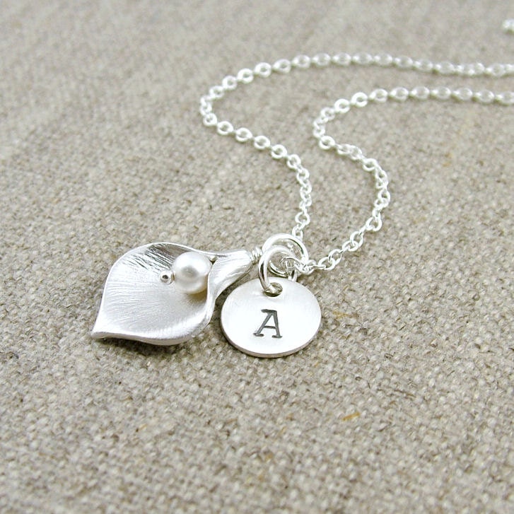 Personalized Calla Lily Necklace, Sterling Silver, Custom Initial Necklace, Calla Bridesmaid Jewelry, Weddings