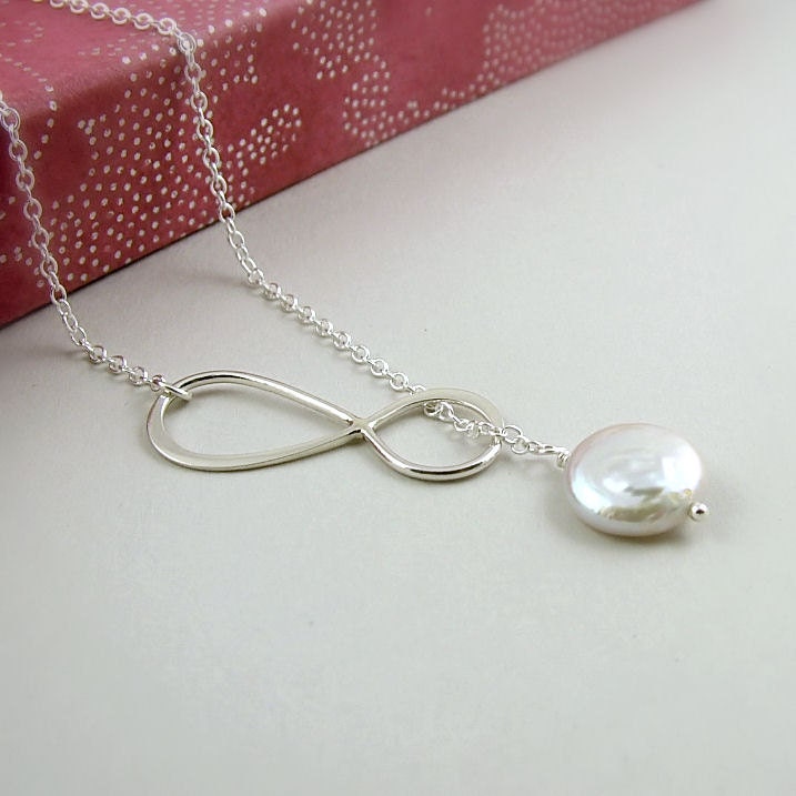 Silver Infinity Necklace, Infinity & Coin Pearl Lariat , Sterling Silver, Bridal Pearl Necklace, Wedding Jewelry