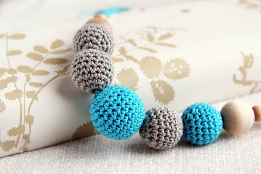 Turquoise and silver grey  - nursing necklace breastfeeding teething toy statement jewelry strand necklace - rusteam ohtteam