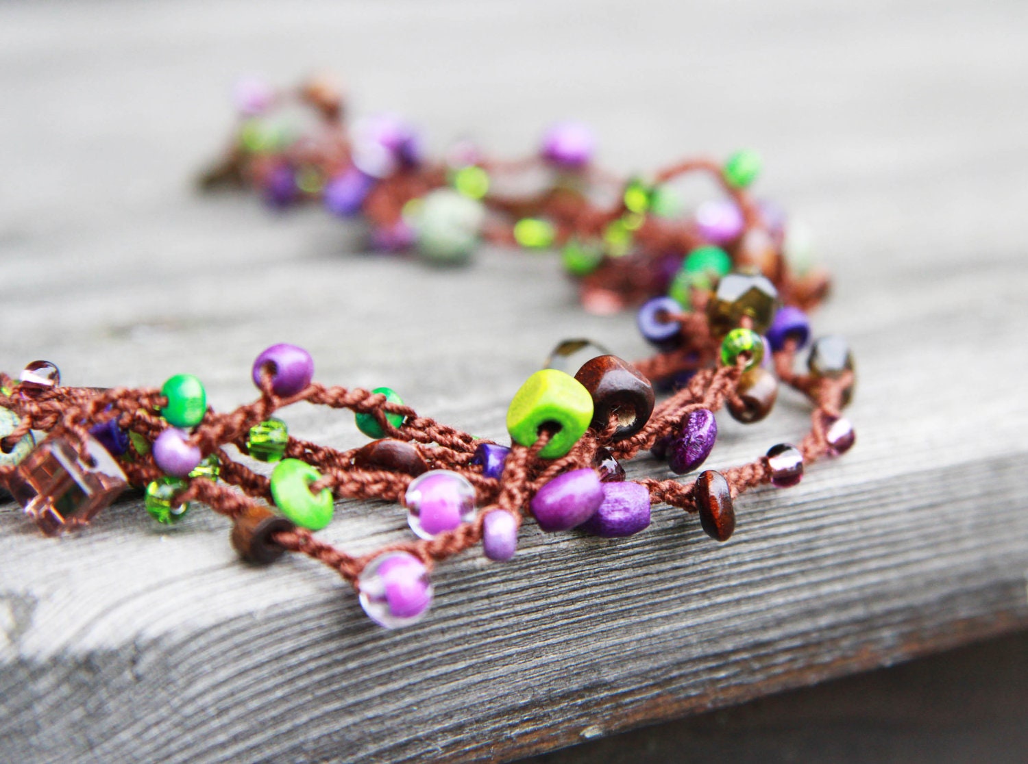 Autumn necklace bracelet - brown purple and green strand lariat necklace wrap bracelet - oht - free worldwide shipping