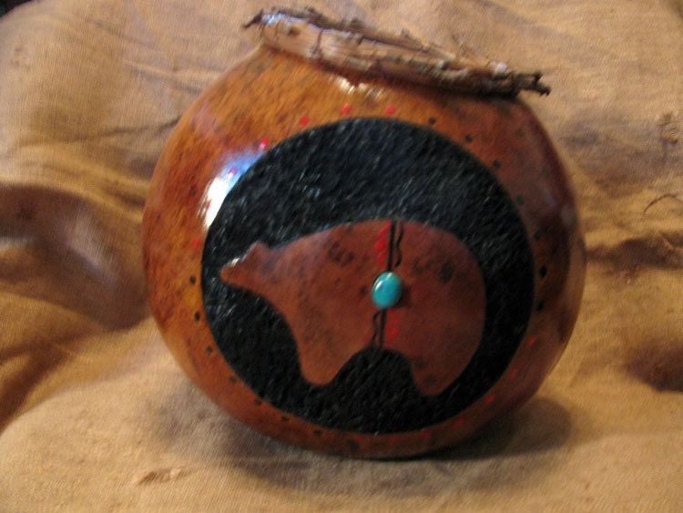 Gourd Art - Gourd Bowl with Bear, turquoise, pineneedles