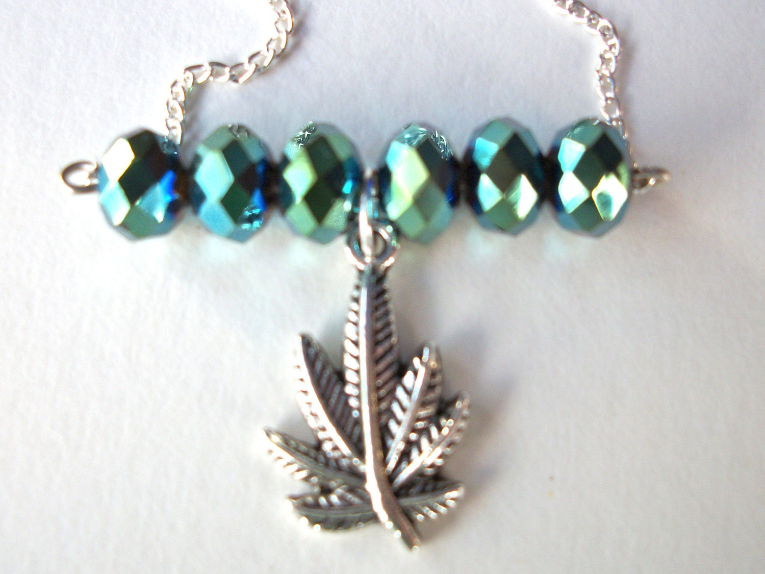 Marijuana Leaf Necklace silver marijuana leaf and green crystal bar necklace on silverplated chain, pot leaf hippie jewelry