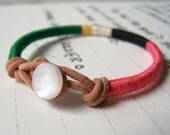 COOPER bracelet - textile, leather, button closure (flamingo ebony clover goldenrod ecru), handmade jewelry