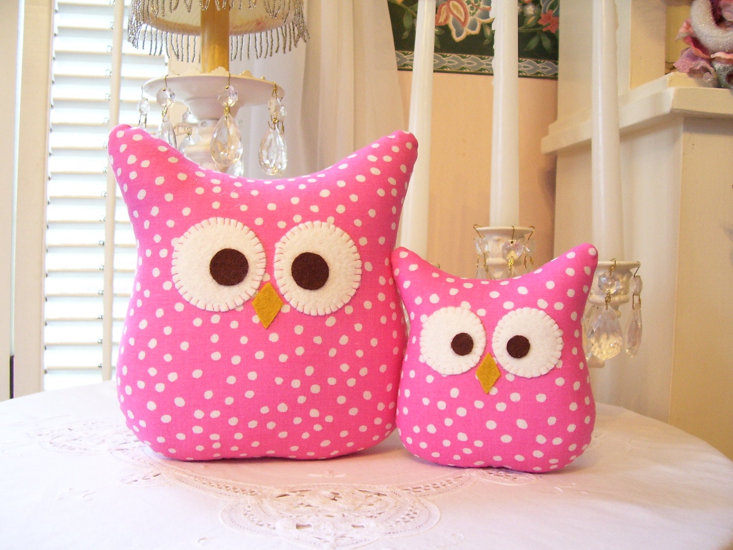 Owls....Mommy and Baby Owl Set...Pink Dots - rosecottageboutique2