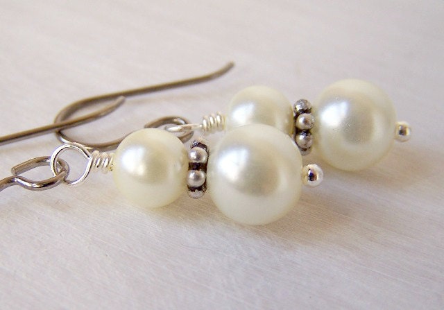 titanium and silver ivory cream bridal glass pearl earrings - simple grace