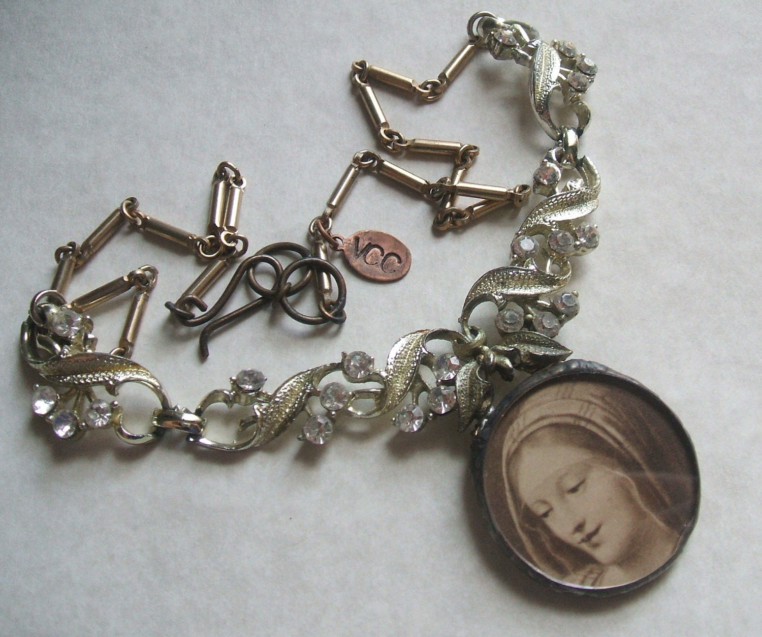 Holy Mother Mary vintage holy card statement necklace