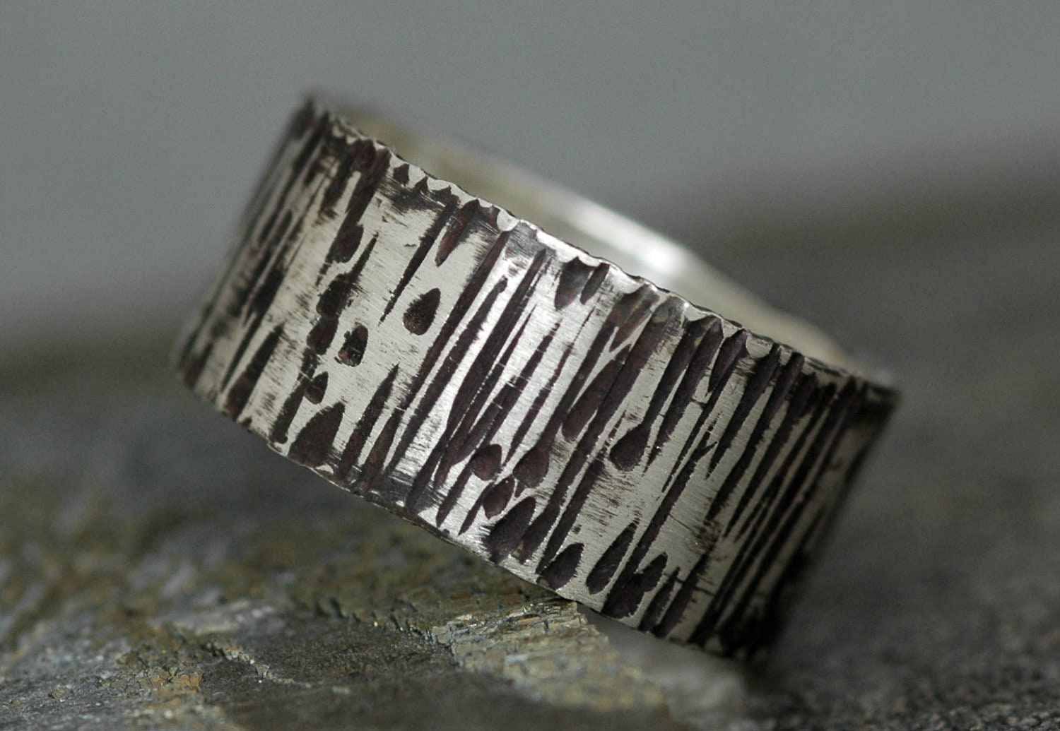 Oxidized Birch Bark Textured Sterling Silver Band- 3/8 Inch Custom