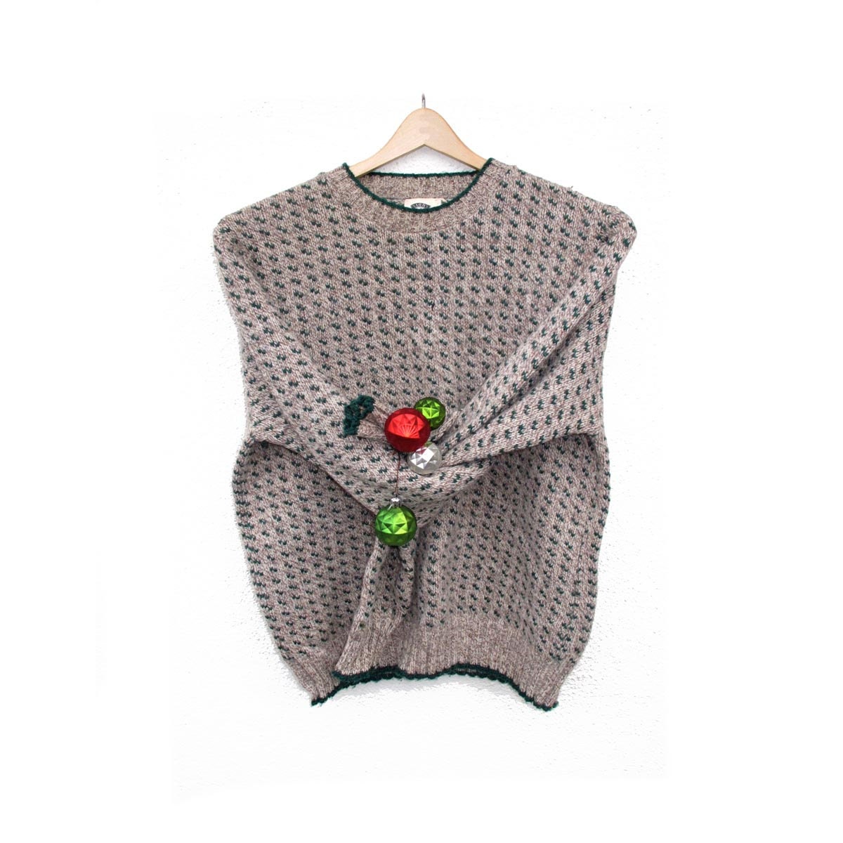 Wool Sweater Rag Yarn Beige brown Green, Woodland Jumper, Pure Stuff Sweater size M Mens Unisex