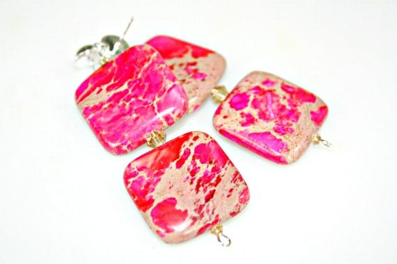 HOT Pink Square Earrings - Raspberry Chunky Jasper Gemstone Sterling Silver SUMMER Dangles by Mei Faith