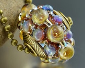 SEA JEWEL - opal iridescent silver glass dots lampwork glass bead - Handmade Pendant 24in brass ball chain - glass and metal