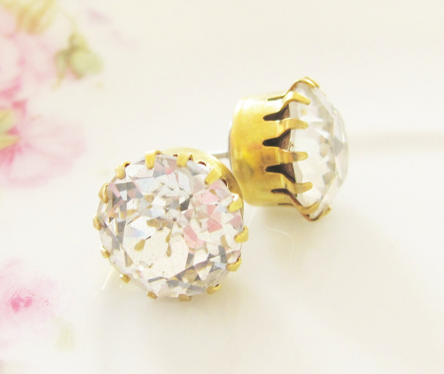 Chunky Rhinestone Post Earrings Vintage Crystal Clear Glass Brass Surgical Steel Post Earrings - Wedding, Bridal, Bridesmaid