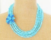 Aqua Flower Statement Necklace - Vintage Aqua and Cobalt Enamel Flower Multi Strand Aqua Blue Jade Beaded Asymmetrical Necklace OOAK