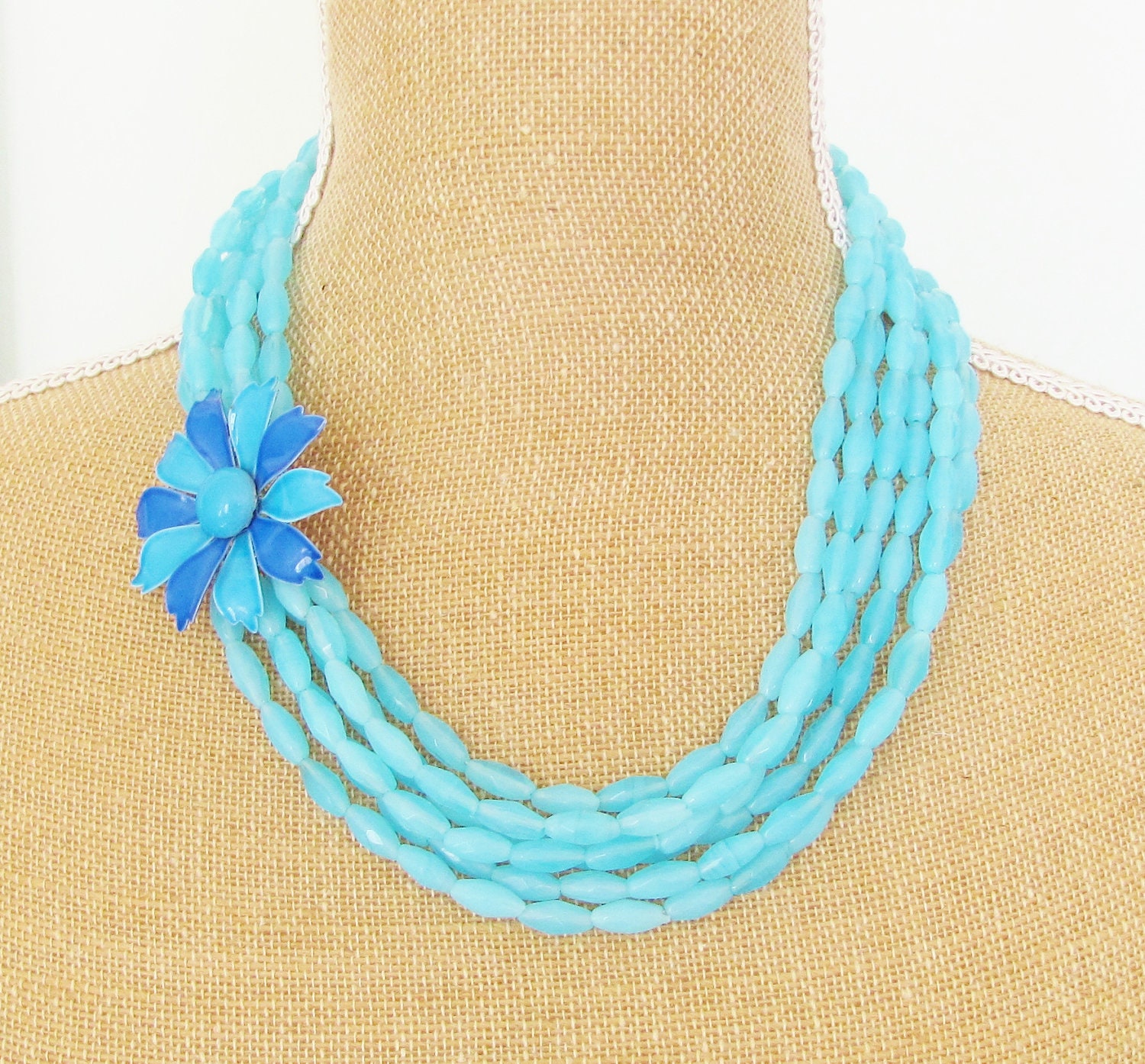 Aqua Flower Statement Necklace - Vintage Aqua and Cobalt Enamel Flower Multi Strand Aqua Blue Jade Beaded Asymmetrical Necklace OOAK
