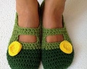 Crochet Womens Slippers, Ballet Flats, House Shoes With Yellow Felt Flower - cookieletta