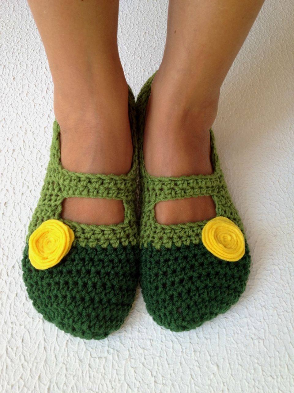 Crochet Womens Slippers, Ballet Flats, House Shoes With Yellow Felt Flower