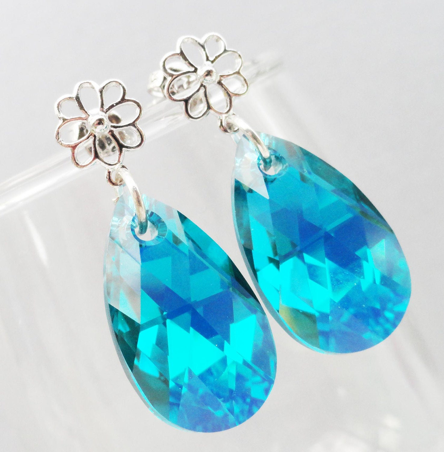 LIMITED EDITION - Blue Zircon AB Bridal Or Bridesmaids Earrings Sterling Silver Bridal Jewelry