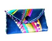 Blue Leather Wallet Hand Painted Stripes Emerald White Pink Purple Green Jewel Tones Triangles Retro modern - READY TO SHIP