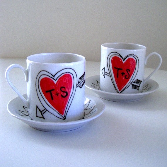 Love Mugs Set Ceramic Cappuccino Cups Heart Arrow Initials Customize Personalize Black White Red - replacement for espresso cup set