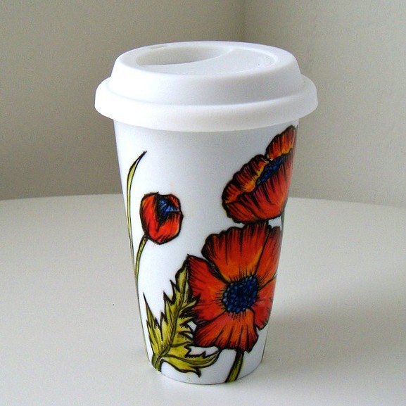 Ceramic Travel Mug Red Poppies Flowers Spring Orange Fall Botanicals Eco Friendly coffee cup green leaves