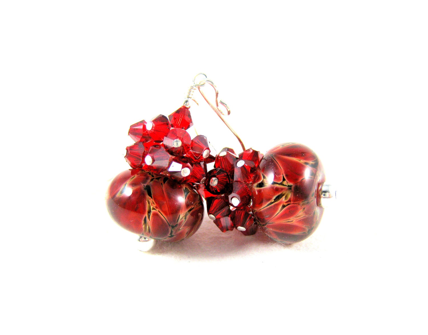 Red Crystal Cluster Earrings, Red Boro Lampwork Glass Earrings, Red Beadwork Earrings, Dangle Earrings, Glass Bead Jewelry - Passion