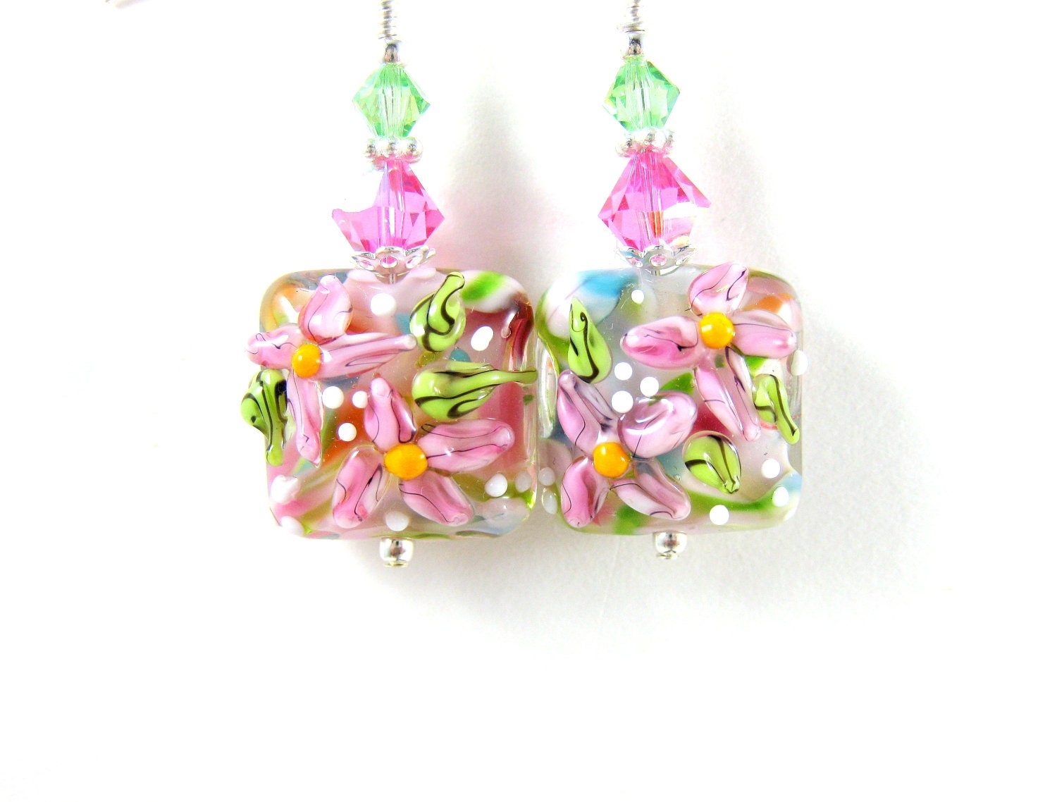 Pastel Pink Flower Earrings, Floral Lampwork Earrings, Pink Beadwork Earrings, Pastel Earrings, Dangle Earrings - Flower Bed - GlassRiverJewelry