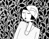 Ramona, lost in thought  // 8x10 art print // black and white flapper illustration